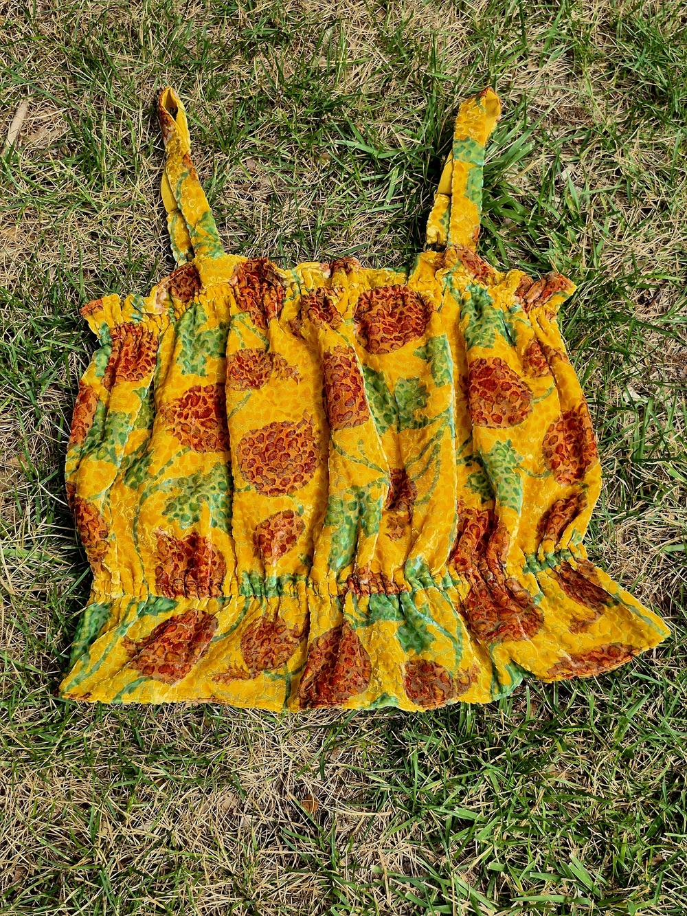 Anthropologie Yellow Floral Smocked Crop Velveteen Tank Top-M